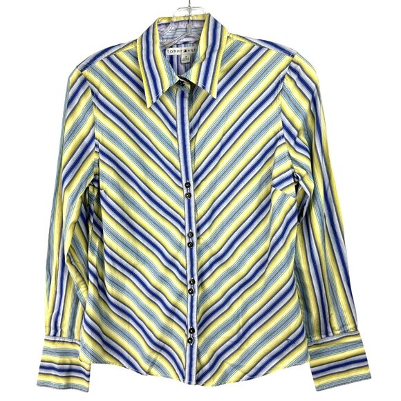 Tommy Hilfiger Tops - Vintage Tommy Hilfiger Shirt Women M Petite Blue Yellow Stripe Long Sleeve